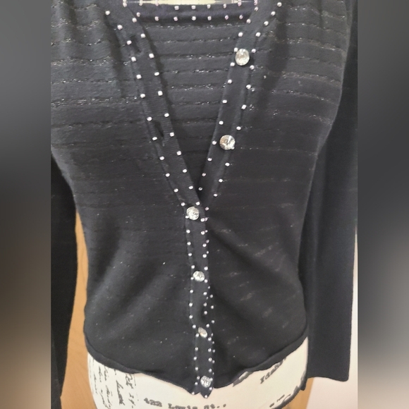 Striped Metallic Thread Beaded Crystal Button Y2k Sweater Tank Top Set - Picture 3 of 8